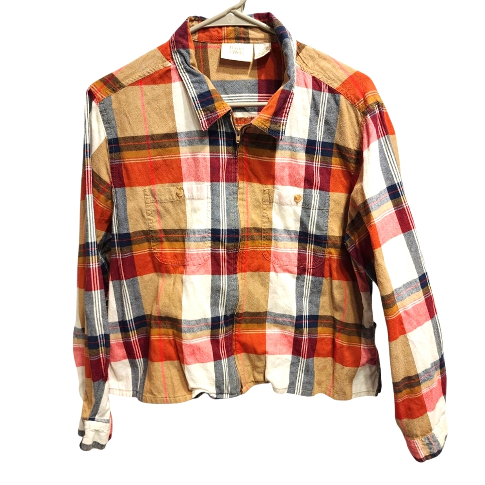 Vtg 90s Y2K Shirt Jacket Zip-Up Crop Red Blue Plaid Women's XL Cotton Pockets